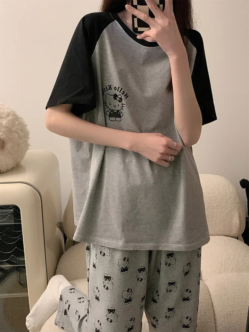 Women's Loose Round Neck Cute Kitty Homewear Pajamas Women's Simple Leisure Long Sleeve Long Pants Two-piece Suit Pajamas  Women