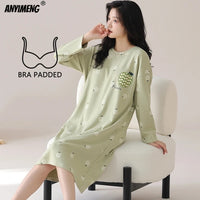 M-5XL Plus Size Autumn Spring Women Long Nightgowns Pullover Loose Bra Padded Sleepshirt Casual Cotton Nightdress Leisure Shirt