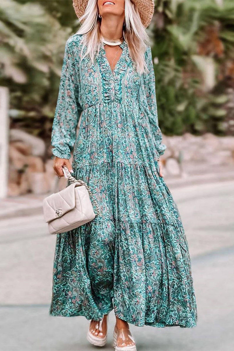 Women's Bohemian Paisley Print Long Sleeve Tiered Maxi Dress