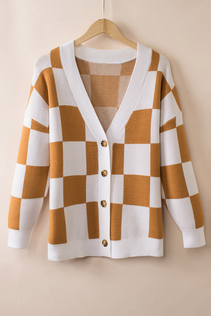 Brown Contrast Checkered Print Button Up Sweater Cardigan