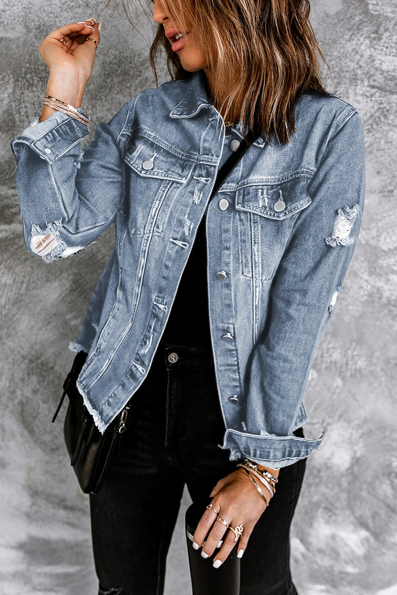 Blue Lapel Distressed Raw Hem Buttons Denim Jacket