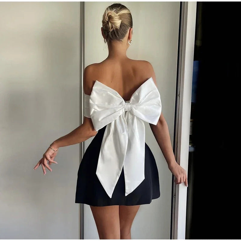 Sexy Backless Big Bow Mini Dress Women Elegant Off Shoulder Sleeveless Party Dresses 2024 Fashion Strapless Christmas Robe Lady