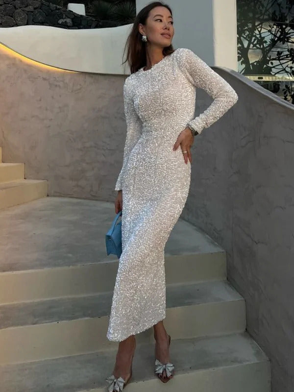 Elegant Sequined Solid Women Dresses Full Sleeve O Neck Lady Maxi Dress 2024 Fashion Sexy Party Evening Straight Female Vestidos