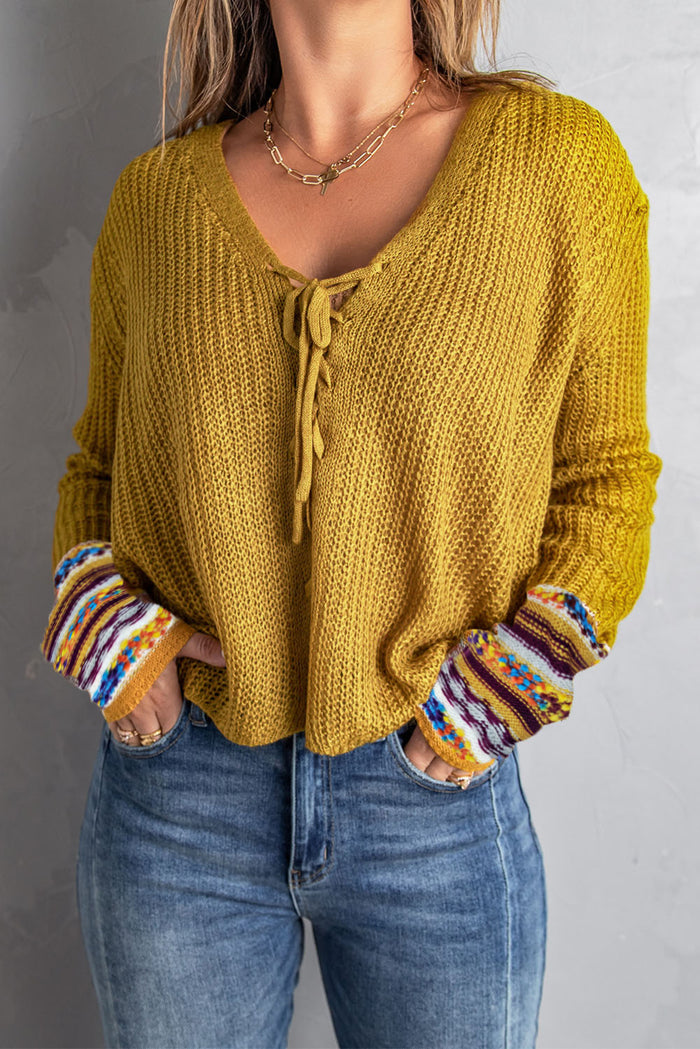 Yellow Lace up V Neck Knit Sweater