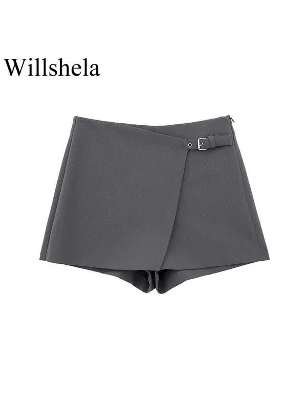 Willshela Women Fashion Solid Bandage Side Zipper Mini Skirts Shorts Vintage High Waist Female Chic Lady Shorts