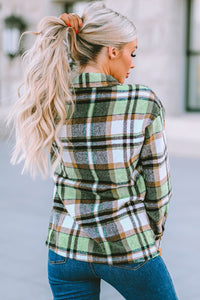 Blue Geometric Plaid Print Pocketed Shacket