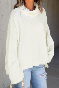 White Expose Seam Turtle Neck Side Slit Oversized Sweater