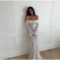 Elegant Off Shoulder Lace Maxi Dress Women Fashion Hollow Out Long Flare Sleeve Slim Dresses 2024 New Female Evening Party Gowns