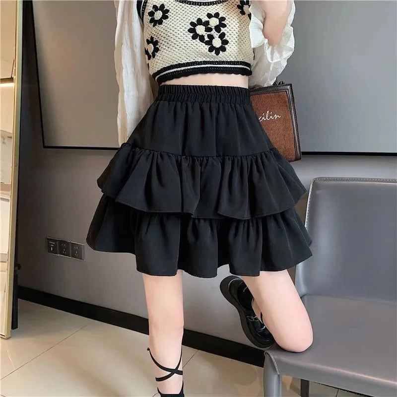 Pleated A-Line Skirt Women White Ruffle Sweet Tierred Pretty Style Skirt Elastic Waist Summer Slim Basic Korean Harajuku Dress