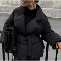 Thicken Women Cotton Padding Jackets Elegant Lace Up Long Sleeve Lapel Female Coat 2024 Winter Street Fashion Warm Lady Outwear