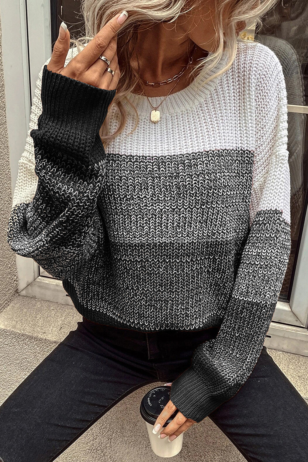 Black Color Block Drop Shoulder Ribbed Trim Sweater