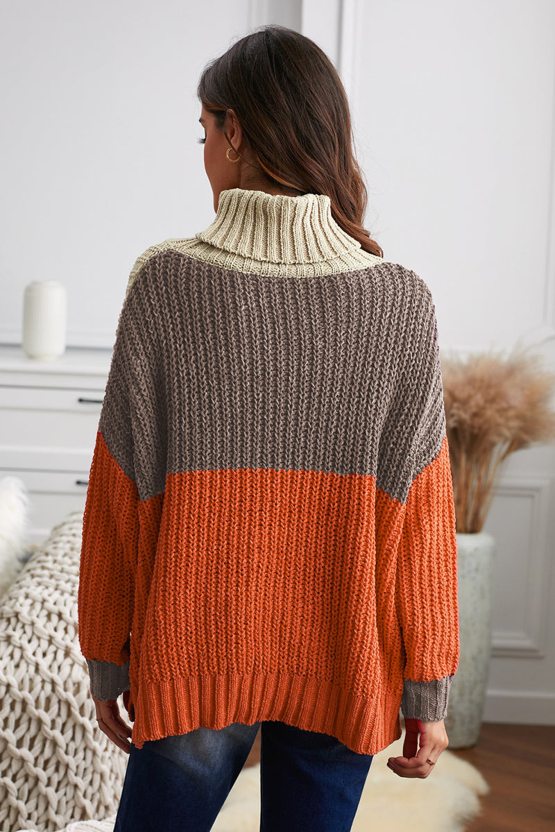 Black Cowl Neck Colorblock Cable Knit Sweater