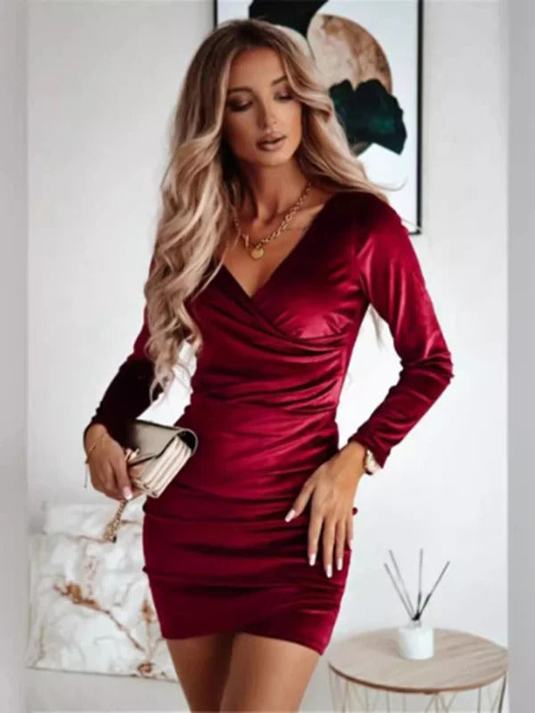 Sexy Red V-Neck Long Sleeve Dress Women's Slim Mini Dresses Elegant Party Date Autumn Dress Robe