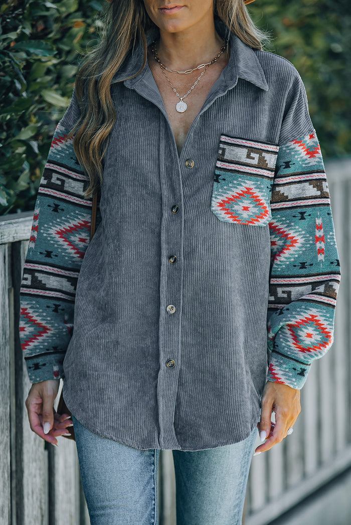 Gray  Aztec Pattern Sleeve Pocketed Corduroy Shacket