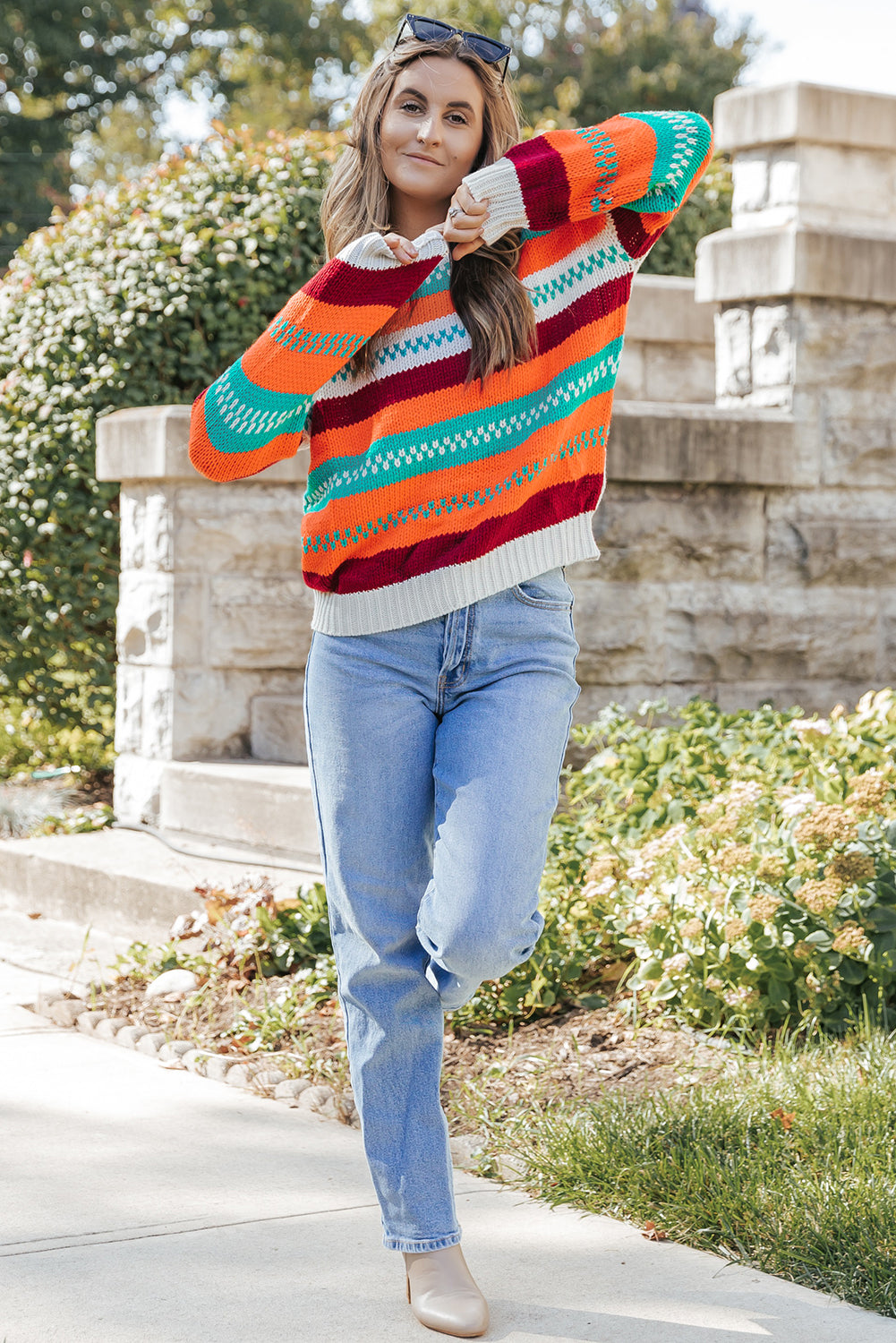 Multicolor Color Block Striped Loose Sleeve Sweater