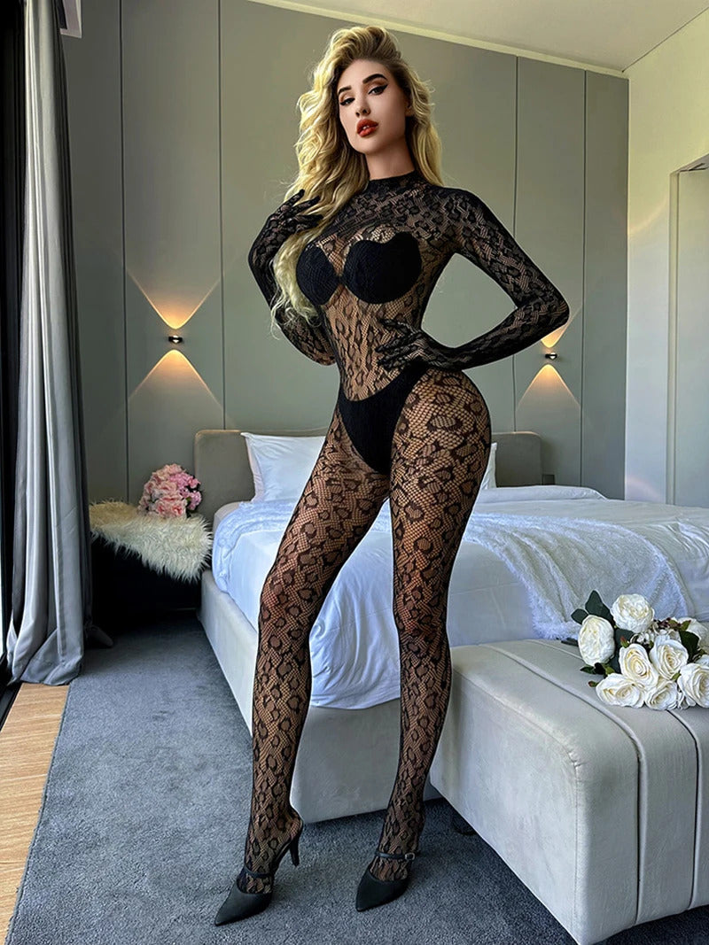 New With Gloves Leopard Print Jumpsuit Long-sleeved Transparent Tight Bodysuit Sexy Backless Body Stockings Long Pants Hot Tops