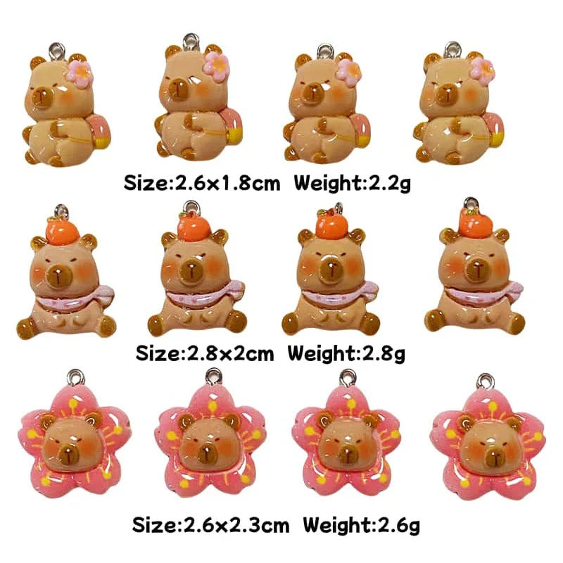 10pcs/Pack Cartoon Kapibala Resin Charms Cute Flower Orange Capybara Pendant DIY For Earring Keychains Jewelry Make