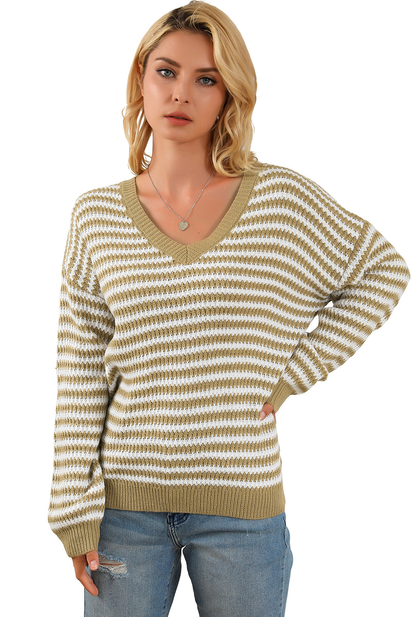 Khaki Chic Striped Knit V Neck Drop Shoulder Sweater