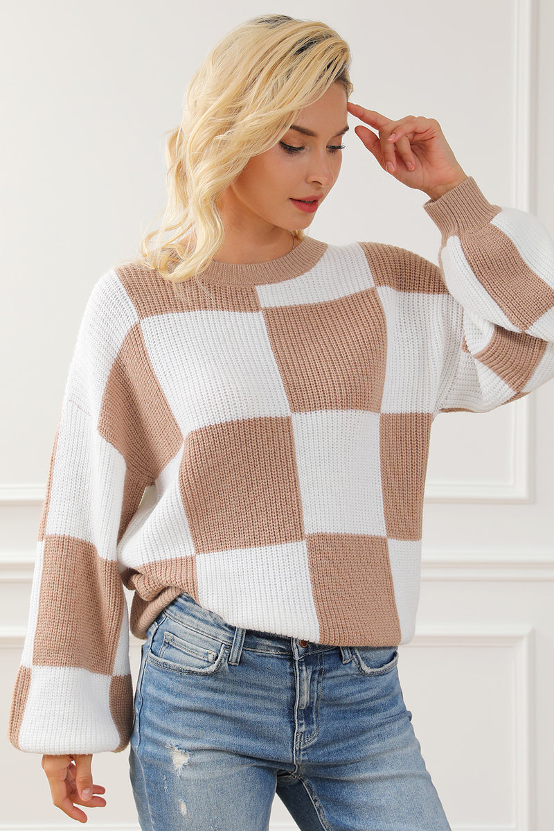 Checkered Ribbed Knit Puff Sleeve Sweater