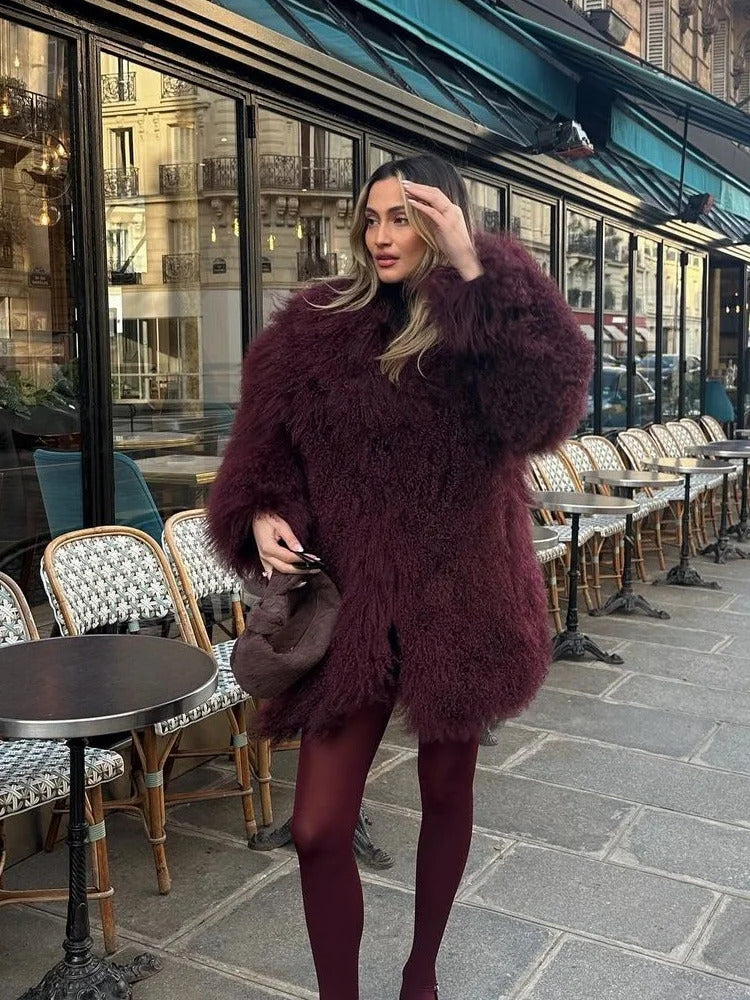 Red Smooth Hooded Fluffy Faux Fur Women Fasion Turn-down Collar Jacket Coat Winter Warm  Casual Commute High Street Outerwear