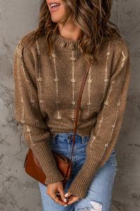 Brown Long Sleeve O-neck Knitted Sweater