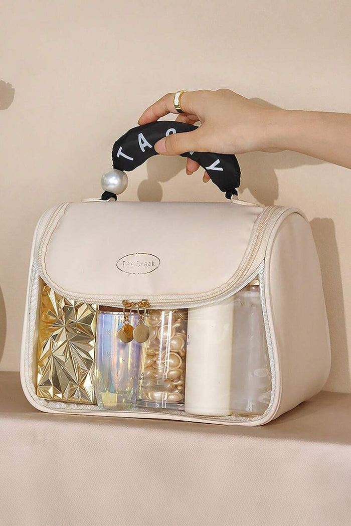 Beige TASTY Print Handle Inside Pocket Clear Makeup Bag