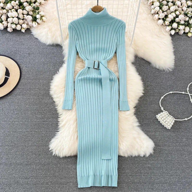 YuooMuoo Ins Hot Turtleneck Sexy Wrap Hips Knitted Dresses Women 2023 Autumn Winter Long Sleeve Bodycon Sweater Dress with Belt