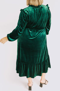 Blackish Green Velvet Frilled up Neck Ruffled High Waist Plus Size Midi Dress