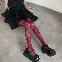 Y2k Fashion Gothic Flower Hollow Out Sexy Pantyhose Women Fishnet Wine Red Ins Hot Girls JK Tights High Elastic Hipster Leggings