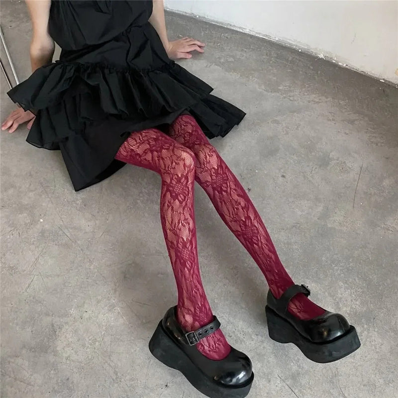 Y2k Fashion Gothic Flower Hollow Out Sexy Pantyhose Women Fishnet Wine Red Ins Hot Girls JK Tights High Elastic Hipster Leggings