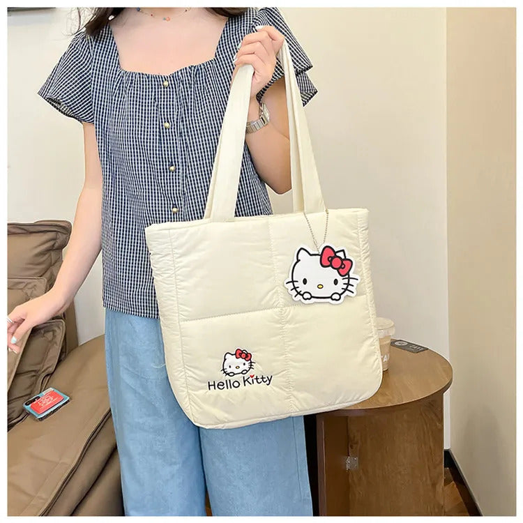 2024 New Sanrio Handbag Cartoon Cute Down Fabric Kuromi Tote Bag Shoulder Pacha Dog Cute Stationery Bag Large Capacity Handbag