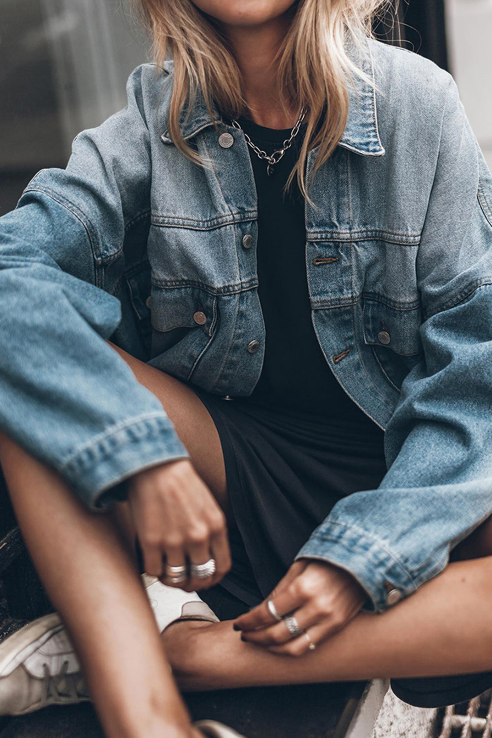 Black Metal Buttons Flap Pocket Drop Shoulder Denim Jacket