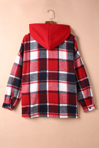 Green Hooded Plaid Button Front Shacket