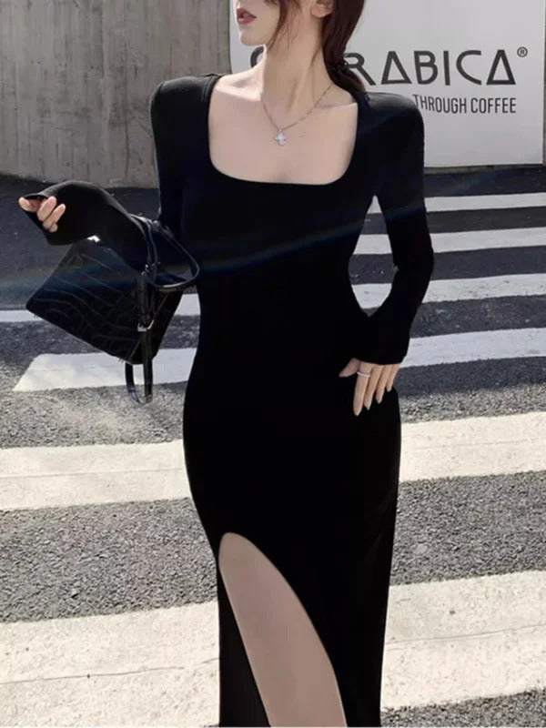 Sexy Side Slit Dress for Women Tight-fitting Wrap Hip Over-the-knee Long Sleeved Dresses Black Street Bodycon Spring Autumn