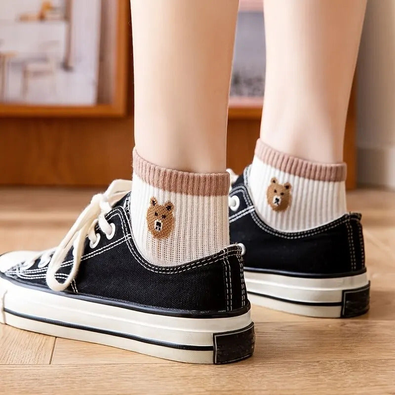 5 Pairs Teddy Bear Ankle Socks, Comfy Cute Crew Short Socks, Women's Stocking & Hosiery