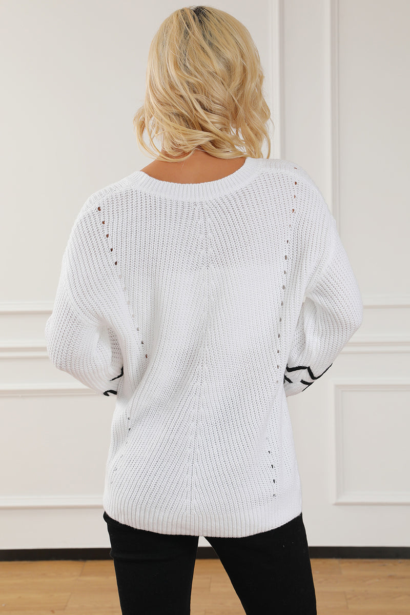 White Abstract Crochet Bubble Sleeve Loose Sweater