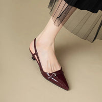 2024 New Summer French Wine Red Pointed Patent Leather Mid-heel Overhead Sandals for Women Retro Skinny Heel Back Empty Shoes