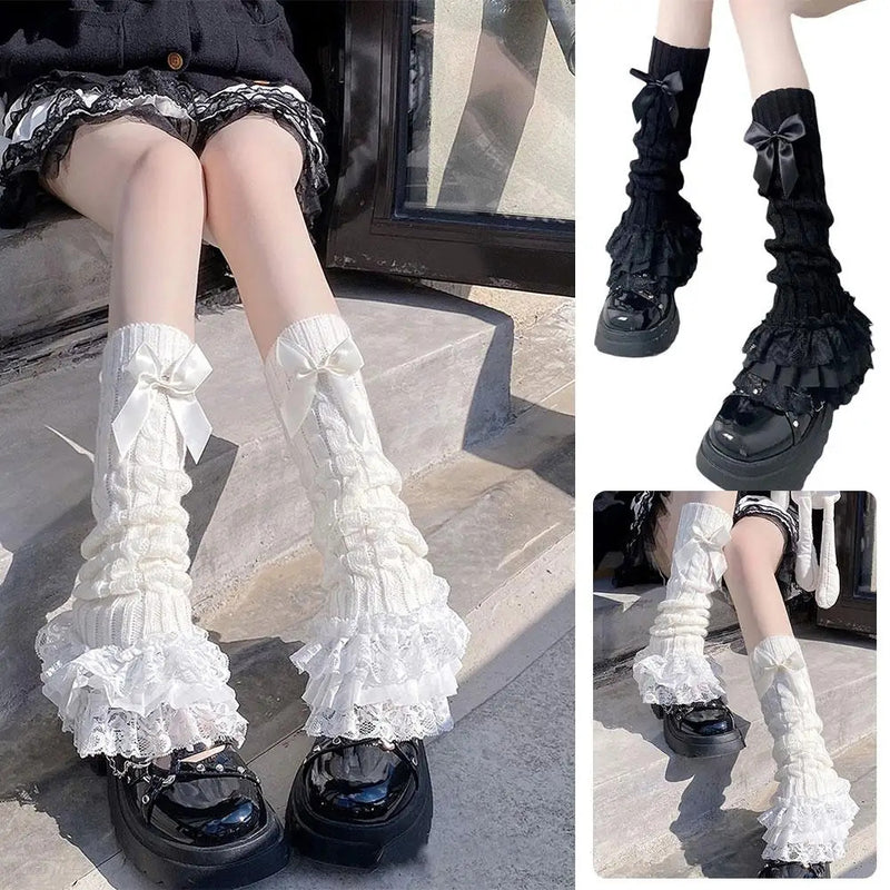 Japanese Women Knitted Leg Warmer Bow Tiered Ruffled Socks Girl Lace Lolita Socks Calf T-shaped Lace Leg Horn Warmers Women P1J5