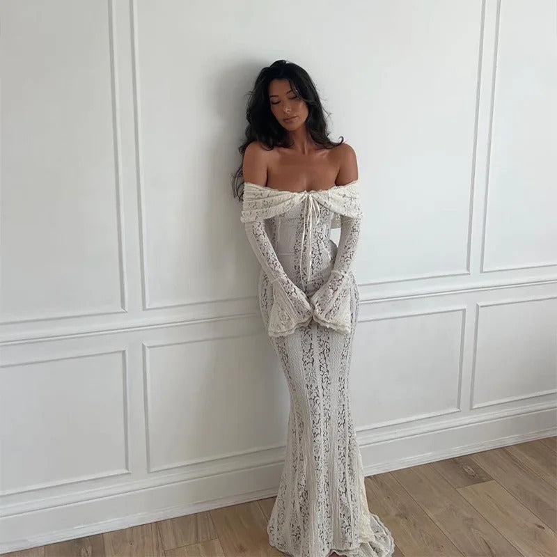 White Off Shoulder Lace Up Flare Long Sleeve Slim Maxi Dress Women Hollow Out Mermaid Floor Length Vestidos Female Elegant Robe