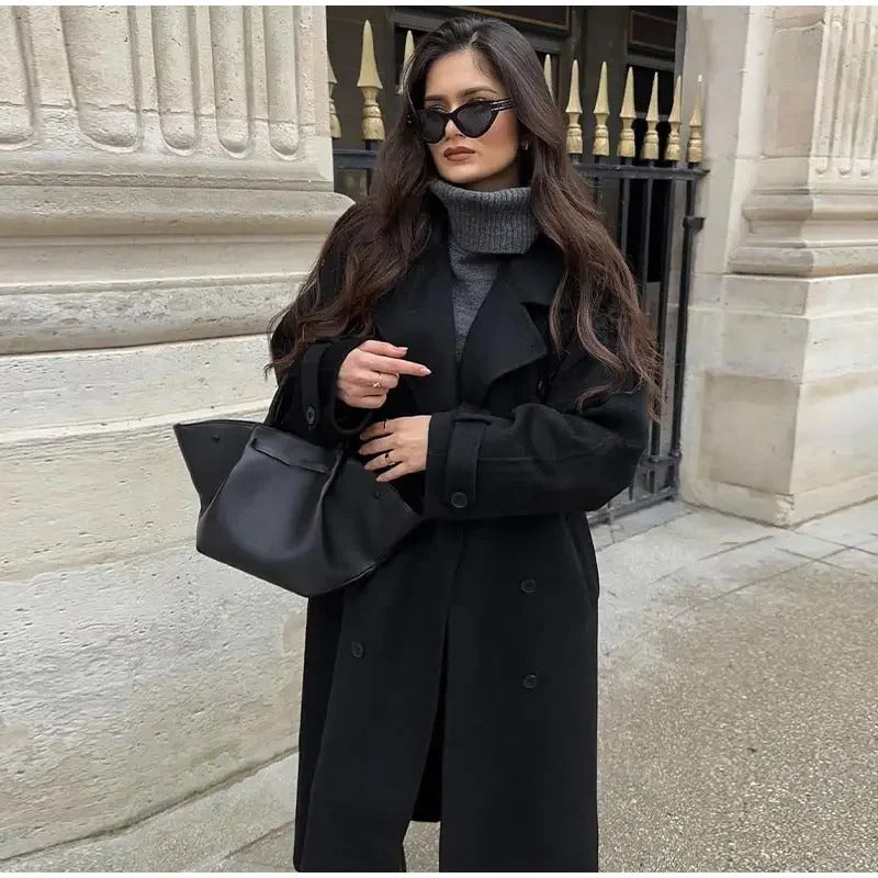 Elegant With Belt Black Long Coat For Women Oversize Woolen Double Button Lapel Overcoat Autumn New Lady High Street Outerwear