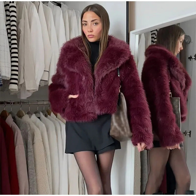 Luxury Brown Women's Fluffy Faux Fur Warm Short Coat Chic Lapel Collar Long Sleeve Furry Jacket Winter 2024 Lady High Streetwear