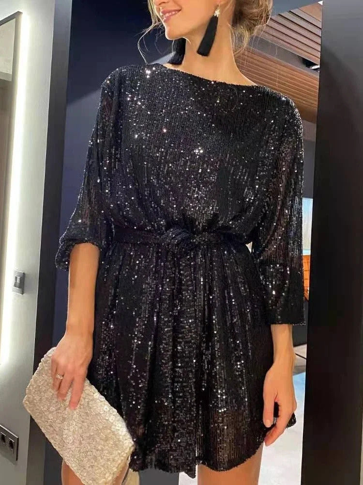 2024 New Women's Holiday Party Cocktail Party Sparkling Beaded Dress Fashion Temperament Elegant Sexy Sequined Evening Dress