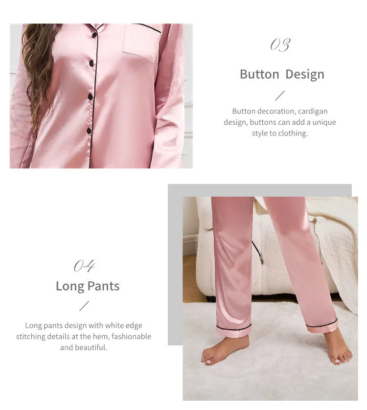 Women's Pajamas Autumn Luxurious Solid Satin Long Sleeve Pajama Set Elegant Lapel Collar Top & Long Pants Sleepwear & Loungewear