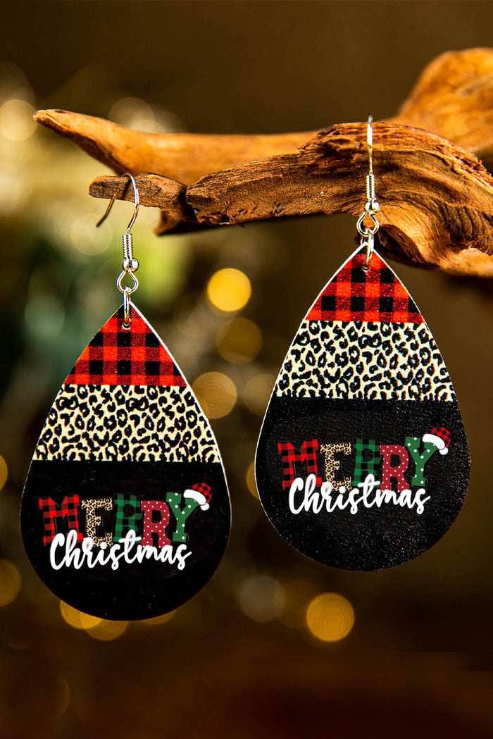 Black Merry Christmas Leopard Plaid Drop Earrings