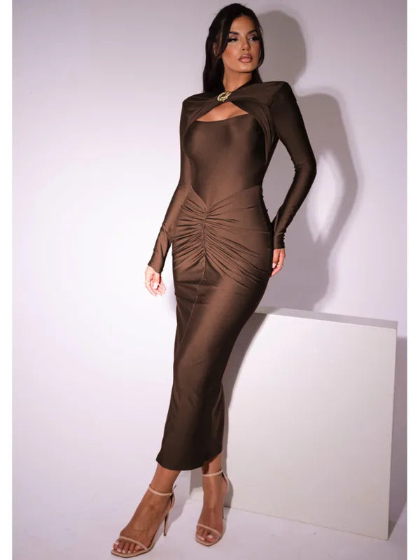 Articat Elegant Long Sleeved Elastic Tight Long Dress Women Bodycon Pleated Party Club Evening Dress Hollowed Out Slim Vestido