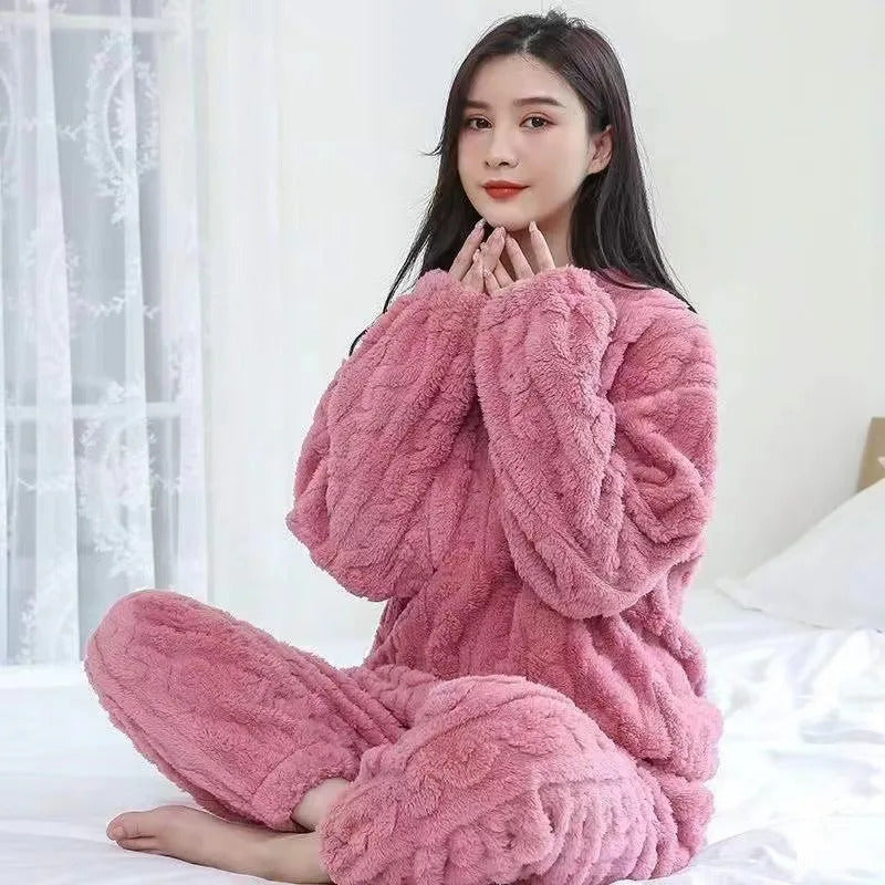 Thickened Warm Autumn and Winter Flannel Pajamas Women Long-Sleeved Solid Striped Homewear Black Plus Size School Loungewear