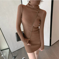 Women Autumn Winter Turtleneck Warm Bodycon Dress Long Sleeve Knit Solid Office Pullover Sexy Mini Dress for Ladies 2023