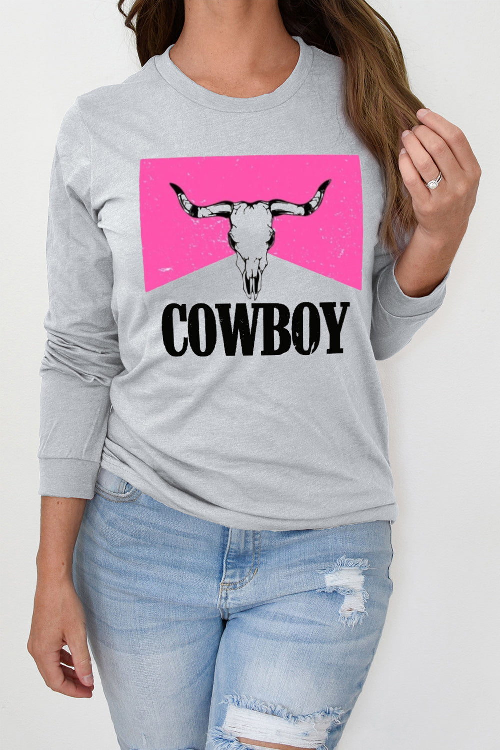 Gray COWBOY Steer Skull Graphic Long Sleeve Top