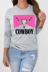 Gray COWBOY Steer Skull Graphic Long Sleeve Top