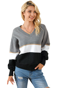 Gray Colorblock V Neck Sweater